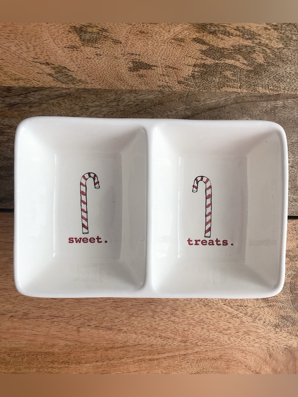 Rae Dunn Holiday Candy Cane Double Dip Dish Sweet Treats ceramic bowl